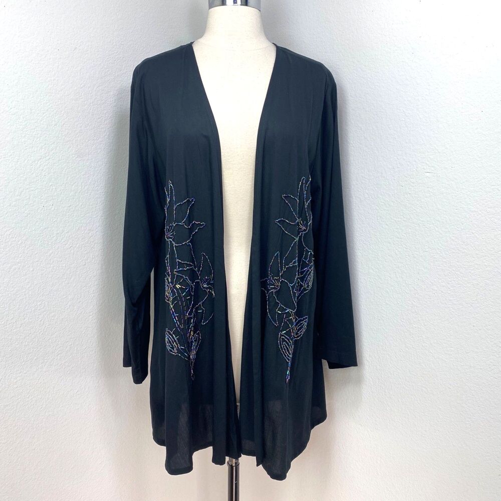 Rayon Black Beaded Duster Cardigan Lightweight Large Lily Size M Boho Fairygoth